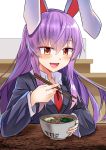  1girl :d animal_ears bangs black_jacket blazer bowl breasts chopsticks commentary_request e.o. eyebrows_visible_through_hair food hair_between_eyes highres holding holding_chopsticks jacket long_hair medium_breasts necktie noodles open_mouth purple_hair rabbit_ears ramen red_eyes red_neckwear reisen_udongein_inaba revision shirt sidelocks smile solo touhou translation_request upper_body white_background white_shirt wing_collar 