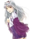  1girl brown_eyes commentary_request eyebrows_visible_through_hair grey_hair hairband idolmaster long_hair looking_at_viewer looking_back minasato_hibiki purple_shawl purple_skirt ribbed_shirt shijou_takane shirt simple_background skirt solo suspender_skirt suspenders upper_body white_background white_shirt 