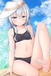  1girl alternate_costume barefoot bikini black_bikini blue_sky clouds commentary_request day flat_cap grey_eyes hammer_and_sickle hat hibiki_(kantai_collection) highres kantai_collection long_hair looking_at_viewer outdoors silver_hair sitting sky smile solo swimsuit tikken verniy_(kantai_collection) white_headwear 