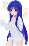  1girl :d bangs blue_hair blush collared_shirt commentary_request dress_shirt eyebrows_behind_hair furude_rika higurashi_no_naku_koro_ni long_hair long_sleeves notice_lines open_mouth ratsuku_kinoko see-through see-through_silhouette shirt simple_background sleeves_past_fingers sleeves_past_wrists smile solo very_long_hair violet_eyes white_background white_shirt 