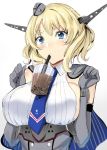  1girl bare_shoulders blonde_hair blue_capelet blue_eyes blue_neckwear blush braid breasts capelet colorado_(kantai_collection) cup drink drinking drinking_straw elbow_gloves french_braid garrison_cap gin&#039;ichi_(akacia) gloves grey_gloves grey_headwear hat headgear kantai_collection large_breasts looking_at_viewer necktie short_hair sideboob simple_background solo tawawa_challenge upper_body white_background 