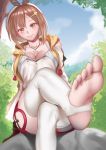 1girl atelier_(series) atelier_ryza barefoot boots eyebrows_visible_through_hair feet highres looking_at_viewer no_shoes pov_feet red_shorts reisalin_stout revian_samuel_dani shorts soles toeless_boots toes 