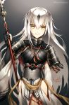  1girl armor armored_dress artist_name bambi_nano black_background black_gloves black_hair black_shirt commentary_request elbow_gloves fate/grand_order fate_(series) gloves grey_hair hair_between_eyes highres hip_vent holding holding_spear holding_weapon japanese_armor light_smile long_hair looking_at_viewer multicolored_hair nagao_kagetora_(fate) partly_fingerless_gloves polearm shirt shoulder_armor signature simple_background sode solo spear streaked_hair twitter_username very_long_hair weapon white_sleeves wide_sleeves yellow_eyes 