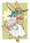  1other :3 :d alternate_costume alternate_hair_length alternate_hairstyle ambiguous_gender animal_ear_fluff animal_ears aqua_ribbon bangs commentary_request dress ears_through_headwear furry green_background green_eyes hair_between_eyes hat hat_ribbon kawasemi27 long_hair looking_at_viewer made_in_abyss nanachi_(made_in_abyss) open_mouth paws ribbon simple_background smile solo straw_hat striped striped_background tail vertical-striped_background vertical_stripes whiskers white_dress white_hair 