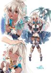  1girl 218 ahoge armor armored_boots armored_dress blue_dress blush boots breasts closed_eyes closed_mouth commentary_request dark_skin dragon dress eating food granblue_fantasy hair_between_eyes happy long_hair looking_at_viewer medium_breasts multiple_views open_mouth orange_eyes thigh-highs translation_request very_long_hair white_hair zooey_(granblue_fantasy) 