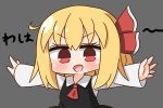  1girl :d bangs black_vest blonde_hair blush chibi commentary eyebrows_visible_through_hair grey_background hair_between_eyes hair_ribbon hana_kazari highres long_hair long_sleeves looking_at_viewer open_mouth outstretched_arms red_eyes red_neckwear red_ribbon ribbon rumia shirt simple_background sleeves_past_wrists smile solo spread_arms touhou translation_request upper_body v-shaped_eyebrows vest white_shirt 