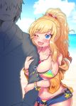  1boy 1girl bangs bare_shoulders beach belt bikini blonde_hair blue_bikini blue_eyes blue_shorts blush breasts brown_belt clouds collarbone commentary_request eyebrows_visible_through_hair green_bikini hair_ornament highres idolmaster idolmaster_cinderella_girls jacket jewelry large_breasts long_hair mu_inochi multicolored multicolored_bikini multicolored_clothes navel necklace necktie off_shoulder one_eye_closed ootsuki_yui open_fly ponytail red_bikini short_hair short_shorts shorts smile solo_focus star swimsuit water wavy_hair yellow_bikini yellow_jacket 