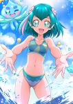  1girl 1other ass_visible_through_thighs bikini blue_bikini blue_eyes blue_hair blue_sky clouds collarbone commentary_request cowboy_shot day hagoromo_lala hanzou highres looking_at_viewer navel open_mouth outdoors outstretched_arms pointy_ears precure prunce_(precure) short_hair sky smile splashing star star-shaped_pupils star_twinkle_precure swimsuit symbol-shaped_pupils 