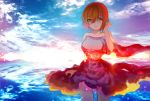  1girl :d absurdres bangs bare_shoulders black_dress blue_sky blush breasts brown_eyes clouds cloudy_sky dress eyebrows_visible_through_hair hair_between_eyes hand_up highres horizon medium_breasts open_mouth orange_hair original outdoors round_teeth short_hair sky smile solo standing strapless strapless_dress sunset tarbo_(exxxpiation) teeth upper_teeth 