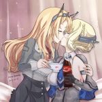  2girls ascot black_gloves blonde_hair blue_eyes blue_neckwear bottle breasts brown_background cake_no_shaberu capelet closed_eyes colorado_(kantai_collection) commentary_request cowboy_shot cup dress elbow_gloves flower garrison_cap gloves gradient gradient_background grey_dress hat headgear highres holding holding_bottle hug kantai_collection kiss kiss_day large_breasts long_sleeves military military_uniform multiple_girls necktie nelson_(kantai_collection) pencil_skirt red_flower red_neckwear red_rose rose shirt short_hair side_braids sideboob skirt sleeveless teacup uniform white_shirt yuri 