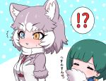  !? 2girls :3 animal_ear_fluff animal_ears bangs blue_eyes blue_shirt blush bow breasts closed_eyes commentary_request dog_(mixed_breed)_(kemono_friends) dog_ears dog_tail eyebrows_visible_through_hair green_hair grey_hair hair_bow heterochromia jacket kemono_friends multicolored_hair multiple_girls open_mouth ransusan shirt short_hair short_sleeves simple_background smile spoken_interrobang tail tomoe_(kemono_friends)_(niconico88059799) translated upper_body white_hair yellow_eyes 