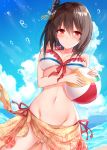  1girl ball beachball bikini black_hair blue_sky breasts clouds commentary_request cowboy_shot day frilled_bikini frills groin hair_ornament highres kantai_collection kinona large_breasts looking_at_viewer navel outdoors red_eyes sarong short_hair sky solo swimsuit white_bikini yamashiro_(kantai_collection) 
