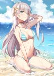  1girl :o anastasia_(fate/grand_order) bangle bangs bikini blue_eyes blue_sky blush bracelet breasts choker clouds day earrings eyebrows_visible_through_hair fate/grand_order fate_(series) gold groin hair_over_one_eye hairband hand_on_head highres jewelry kyaroru long_hair looking_at_viewer medium_breasts navel necklace ocean outdoors sand sapphire_(gemstone) seiza silver_hair sitting skindentation sky solo stomach striped striped_bikini swimsuit very_long_hair 