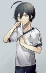  1boy ahoge black_hair blue_legwear commentary_request dangan_ronpa highres huyuharu0214 looking_at_viewer male_focus new_dangan_ronpa_v3 pants saihara_shuuichi shirt short_hair short_sleeves simple_background solo sportswear sweat towel white_background white_shirt white_towel yellow_eyes 