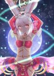  1girl animal_ears arms_up bangs bare_shoulders bow breasts chakram choker cocoasabure cowboy_shot dancer_(final_fantasy) detached_sleeves eyebrows_visible_through_hair final_fantasy final_fantasy_xiv full_moon hair_bow highres holding holding_weapon jewelry looking_at_viewer medium_breasts moon night pink_hair rabbit_ears red_eyes short_hair smile solo viera weapon 