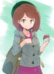  1girl backpack bag bangs bob_cut brown_eyes brown_hair cardigan closed_mouth collarbone commentary cowboy_shot dress eyebrows_visible_through_hair female_protagonist_(pokemon_swsh) green_headwear grey_cardigan hand_on_own_chest hat highres holding holding_poke_ball hood hood_down hooded_sweater long_sleeves looking_at_viewer mzrz pink_dress poke_ball poke_ball_(generic) pokemon pokemon_(game) pokemon_swsh short_hair smile solo standing sweater tam_o&#039;_shanter 