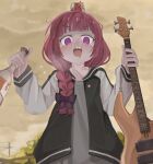  @_@ absurdres alcohol alcohol_carton bass_guitar blush bocchi_the_rock! bottle braid dress drooling from_below full-face_blush green_dress hair_over_shoulder highres hiroi_kikuri holding holding_bottle instrument jacket looking_at_viewer looking_down low-braided_long_hair mouth_drool multicolored_clothes multicolored_jacket naaga_sonomono open_mouth outdoors purple_hair sake sharp_teeth single_braid teeth two-tone_jacket v-shaped_eyebrows violet_eyes 