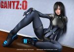  1girl bangs black_bodysuit black_hair bodysuit breasts brown_eyes gantz gantz_suit indoors large_breasts lips long_hair looking_at_viewer nefrubi parted_lips patreon_username shimohira_reika sitting solo watermark web_address wooden_floor 