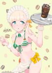  1girl alakoala_shoushou alternate_costume apron bangs bare_shoulders bikini blonde_hair blue_eyes blush breasts coffee collarbone commentary_request cup detached_collar drinking_glass eyebrows_visible_through_hair hair_between_eyes hair_ornament highres holding holding_tray kantai_collection long_hair looking_at_viewer navel open_mouth ribbon shin&#039;you_(kantai_collection) side-tie_bikini side_ponytail simple_background small_breasts solo standing string_bikini striped striped_bikini swimsuit symbol_commentary tray waist_apron 