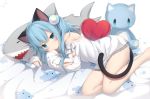  1girl amashiro_natsuki animal_ears bangs bare_legs bare_shoulders barefoot bed_sheet blue_eyes blue_hair blush cat_ears cat_girl cat_tail closed_mouth commentary_request eyebrows_behind_hair heart heart_pillow long_hair long_sleeves looking_at_viewer lying off-shoulder_shirt off_shoulder on_side original pillow shirt sleeves_past_fingers sleeves_past_wrists solo stuffed_animal stuffed_cat stuffed_shark stuffed_toy tail white_shirt 