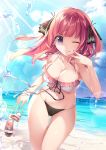  1girl ;q absurdres beach black_bikini_bottom blue_eyes blue_sky clouds go-toubun_no_hanayome hair_ornament highres karory nakano_nino ocean one_eye_closed redhead sand sandals_removed short_hair sky solo string_bikini tongue tongue_out water white_bikini_top 