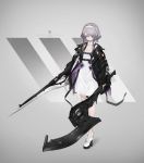  1girl bangs closed_mouth dress dual_wielding full_body grey_background grey_hair gunblade hair_over_one_eye hairband high_heels highres holding holding_weapon jacket looking_at_viewer neco original short_hair short_hair_with_long_locks simple_background solo standing trigger_discipline violet_eyes weapon white_dress white_hairband 