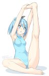  1girl arms_up ass_visible_through_thighs bangs bare_arms bare_legs bare_shoulders barefoot black_ribbon blue_eyes blue_hair blue_leotard blush breasts commentary_request eyebrows_visible_through_hair full_body groin hair_ribbon hatsunatsu leg_up leotard original parted_lips ribbon shadow sidelocks small_breasts solo sweat twitter_username v-shaped_eyebrows white_background 