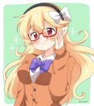 1girl alternate_costume bespectacled black_hairband blonde_hair closed_mouth corrin_(fire_emblem) corrin_(fire_emblem)_(female) eromame fire_emblem fire_emblem_fates glasses green_background hairband long_hair long_sleeves nintendo pointy_ears red-framed_eyewear red_eyes simple_background solo twitter_username upper_body
