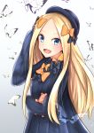  1girl :d abigail_williams_(fate/grand_order) absurdres bangs black_bow black_headwear blonde_hair blue_eyes bow commentary_request dress fate/grand_order fate_(series) hair_bow hat highres long_hair long_sleeves looking_at_viewer mee_0w0 open_mouth orange_bow parted_bangs polka_dot polka_dot_bow sleeves_past_fingers sleeves_past_wrists smile solo striped striped_dress stuffed_animal stuffed_toy teddy_bear umbrella very_long_hair 