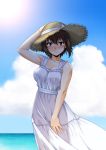  1girl backlighting bangs blue_sky brown_eyes brown_hair brown_headwear closed_mouth clouds cloudy_sky day dress girls_und_panzer hand_on_headwear hat hat_ribbon light_blush long_dress looking_at_viewer nishizumi_maho ocean oosaka_kanagawa outdoors ribbon short_hair skirt_hold sky smile solo standing straw_hat sun sun_hat sundress white_dress 