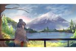  1girl absurdres arm_support backlighting bangs bare_tree bird blanket blue_hair blue_sky closed_mouth cowboy_shot english_commentary fence flying fog from_side grass hair_bun highres lake long_sleeves looking_to_the_side mount_fuji mountain mountainous_horizon naoel_(naoel_art) pine_tree scenery shima_rin sidelocks sky solo standing tree violet_eyes white_background wide_shot yurucamp 