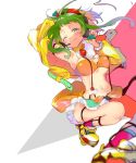  1girl amulet arms_up blush commentary crop_top frilled_skirt frills green_eyes green_hair gumi highres jacket looking_at_viewer midriff navel one_eye_closed orange_skirt oyamada_gamata roller_skates short_hair_with_long_locks sidelocks skates skirt smile solo squatting vocaloid yellow_jacket 
