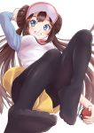  1girl :d absurdres black_legwear blue_eyes blush breasts brown_hair double_bun feet hair_bun happy highres low_twintails medium_breasts mei_(pokemon) open_mouth pantyhose poke_ball pokemon ramie_(ramie541) shirt shorts simple_background smile solo twintails white_background 