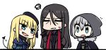  1boy 2girls =_= ascot bangs black_gloves black_hair blonde_hair blue_eyes blush_stickers chan_co chibi cigar coat commentary_request demon_tail eyebrows_visible_through_hair fang fate_(series) formal frustrated fur-trimmed_coat fur_trim gloves gray_(lord_el-melloi_ii) grey_hair hat hood long_hair long_sleeves looking_at_another lord_el-melloi_ii lord_el-melloi_ii_case_files multiple_girls reines_el-melloi_archisorte scarf shawl sidelocks simple_background smirk suit sweatdrop tail very_long_hair waver_velvet white_background 