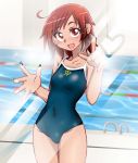  1girl ahoge blush commentary_request competition_swimsuit covered_navel graphite_(medium) heart hino_akane_(smile_precure!) looking_at_viewer millipen_(medium) one-piece_swimsuit onnaski open_mouth pool precure red_eyes redhead short_hair smile smile_precure! solo swimsuit traditional_media 