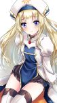  1girl bangs blonde_hair blue_eyes blush boots breasts commentary_request dress eyebrows_visible_through_hair floating_hair goblin_slayer! knee_boots long_hair long_sleeves looking_at_viewer priestess priestess_(goblin_slayer!) sidelocks simple_background small_breasts solo white_background white_dress white_headwear yamaguchi_yuu 
