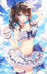  1girl :d absurdres arm_garter arm_up bangle bare_arms bare_shoulders bead_bracelet beads bikini_top blue_eyes blue_ribbon blue_sky bracelet breasts brown_hair bubble clouds cowboy_shot frills hair_ornament hair_ribbon hairband hand_up highleg highres idolmaster idolmaster_cinderella_girls idolmaster_cinderella_girls_starlight_stage jewelry layered_skirt leg_garter long_hair looking_at_viewer medium_breasts miniskirt navel necklace open_mouth ribbon sagisawa_fumika side_ponytail sidelocks skirt sky smile solo sparkle standing star star_hair_ornament stomach taya_5323203 wavy_hair white_bikini_top white_skirt wrist_cuffs 