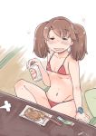  1girl =_= alcohol beer beer_can bikini brown_hair can chopsticks closed_eyes commentary_request drunk enjaku_izuku flat_chest full_body highres kantai_collection long_hair red_bikini ryuujou_(kantai_collection) shikigami sitting solo stable swimsuit tatami twintails yakisoba 