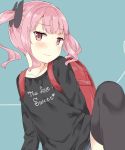  1girl bangs black_legwear black_shirt blush collarbone commentary_request english_text eyebrows_visible_through_hair green_background gyuunyuunomio7 hair_ornament looking_at_viewer original pink_eyes pink_hair red_backpack shirt simple_background solo thigh-highs twintails 
