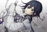  1boy checkered checkered_scarf commentary_request dangan_ronpa from_side hair_between_eyes highres huyuharu0214 long_sleeves looking_at_viewer male_focus new_dangan_ronpa_v3 open_mouth ouma_kokichi purple_hair scarf short_hair solo straitjacket violet_eyes white_legwear 