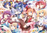  6+girls angel_wings aoyama_blue_mountain aqua_eyes arms_up black_ribbon blonde_hair blue_eyes blue_hair blue_headwear blue_ribbon blush bow braid breasts brown_eyes brown_hair brown_legwear card character_name collarbone copyright_name crown dress drill_hair elbow_gloves eyebrows_visible_through_hair garter_straps gloves gochuumon_wa_usagi_desu_ka? goggles goggles_on_head green_eyes grin hair_bow hair_ribbon hat hat_ribbon high_heels highres holding holding_key holding_wand hoto_cocoa index_finger_raised jouga_maya kafuu_chino kirima_sharo koi_(koisan) large_breasts looking_at_viewer medium_hair multiple_girls natsu_megumi one_eye_closed parted_lips playing_card purple_hair red_eyes red_footwear red_headwear redhead ribbon scan short_hair smile tedeza_rize teeth thigh-highs tippy_(gochiusa) tongue tongue_out top_hat twin_drills ujimatsu_chiya violet_eyes wand white_bow white_dress white_gloves wings 