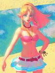  1girl bellhenge bikini blonde_hair blue_eyes blush breasts earrings jewelry long_hair looking_at_viewer navel open_mouth pointy_ears ponytail princess_zelda smile solo super_smash_bros. swimsuit the_legend_of_zelda the_legend_of_zelda:_a_link_between_worlds tiara 