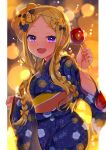  1girl :d abigail_williams_(fate/grand_order) akirannu alternate_costume alternate_hairstyle apple balloon bangs black_bow blonde_hair blush bow braid candy commentary_request fate/grand_order fate_(series) food fruit hair_bow hair_ornament happy highres holding japanese_clothes kimono long_hair long_sleeves looking_at_viewer open_mouth orange_bow parted_bangs smile solo stuffed_animal stuffed_toy teddy_bear twin_braids very_long_hair violet_eyes wide_sleeves 