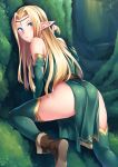  1girl ass bangs bare_shoulders blonde_hair blue_eyes blush boots breasts circlet closed_mouth day dress elf forest from_behind gloves green_dress green_gloves green_legwear hair_intakes highres large_breasts long_hair looking_at_viewer looking_back nature original outdoors parted_bangs partly_fingerless_gloves pelvic_curtain pointy_ears sapphire_(gemstone) sidelocks solo thigh-highs thighs tree tsuki_tokage 