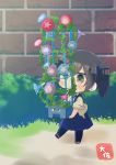  1girl absurdres artist_name black_hair black_legwear blue_hakama brick_wall brown_eyes chibi commentary_request flower full_body hakama hakama_skirt highres japanese_clothes kaga_(kantai_collection) kantai_collection morning_glory outdoors plant side_ponytail solo taisa_(kari) tasuki trellis walking 