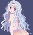  1girl absurdres bangs blue_background blue_hair bright_pupils eyebrows_visible_through_hair from_behind highres long_hair looking_at_viewer mermaid monster_girl nokanok original parted_bangs parted_lips scales shell shell_bikini simple_background solo tears violet_eyes white_pupils 