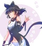  1girl alternate_hair_length alternate_hairstyle arm_ribbon bare_shoulders black_hair black_scarf blake_belladonna bow coattails detached_sleeves hair_bow highres iesupa midriff navel ribbon rwby scarf shirt short_hair shorts sleeveless sleeveless_shirt solo vest yellow_eyes 