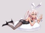  1girl :&lt; animal_ears black_footwear black_leotard bow bowtie bunny_girl bunny_tail bunnysuit chloe_von_einzbern dark_skin detached_collar fate/kaleid_liner_prisma_illya fate_(series) flat_chest grey_background grey_legwear high_heels leotard long_hair looking_at_viewer lying on_stomach one_side_up orange_eyes pantyhose pillow pink_hair rabbit_ears red_neckwear retumihari simple_background solo strapless strapless_leotard tail v wrist_cuffs 