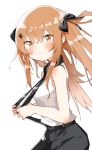  1girl :3 bangs bare_arms bare_shoulders black_bow black_skirt blush bow breasts brown_eyes brown_hair closed_mouth collared_shirt commentary eyebrows_visible_through_hair girls_frontline hair_between_eyes hair_bow hair_ornament hairclip highres long_hair looking_at_viewer looking_to_the_side pulled_by_self shirt simple_background skirt sleeveless sleeveless_shirt small_breasts solo suspender_skirt suspenders suspenders_pull tosyeo twintails ump9_(girls_frontline) very_long_hair white_background white_shirt 