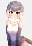  1girl :3 absurdres animal_ears brown_eyes collarbone commentary deku_suke elbow_gloves eyebrows_visible_through_hair frilled_swimsuit frills fur_collar gloves gradient_hair grey_hair grey_swimsuit highres kemono_friends light_smile looking_at_viewer multicolored_hair one-piece_swimsuit otter_ears otter_tail short_hair simple_background small-clawed_otter_(kemono_friends) solo swimsuit tail two-tone_swimsuit white_background white_hair white_swimsuit 